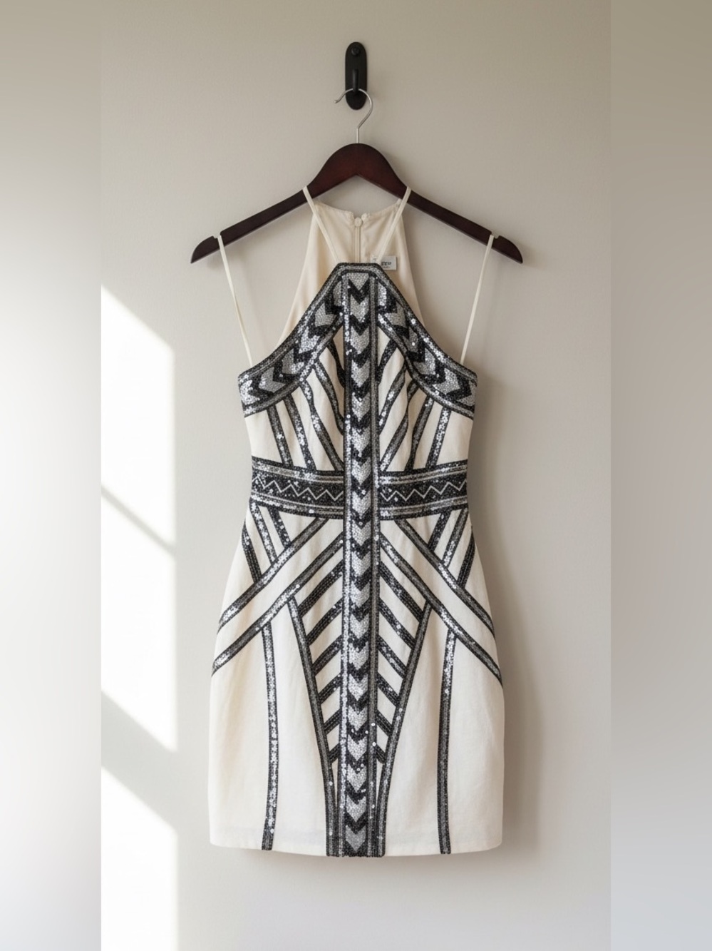 Express Sequin Aztec Deco Halter Cream Silver Black Y2K Mini Dress Size S